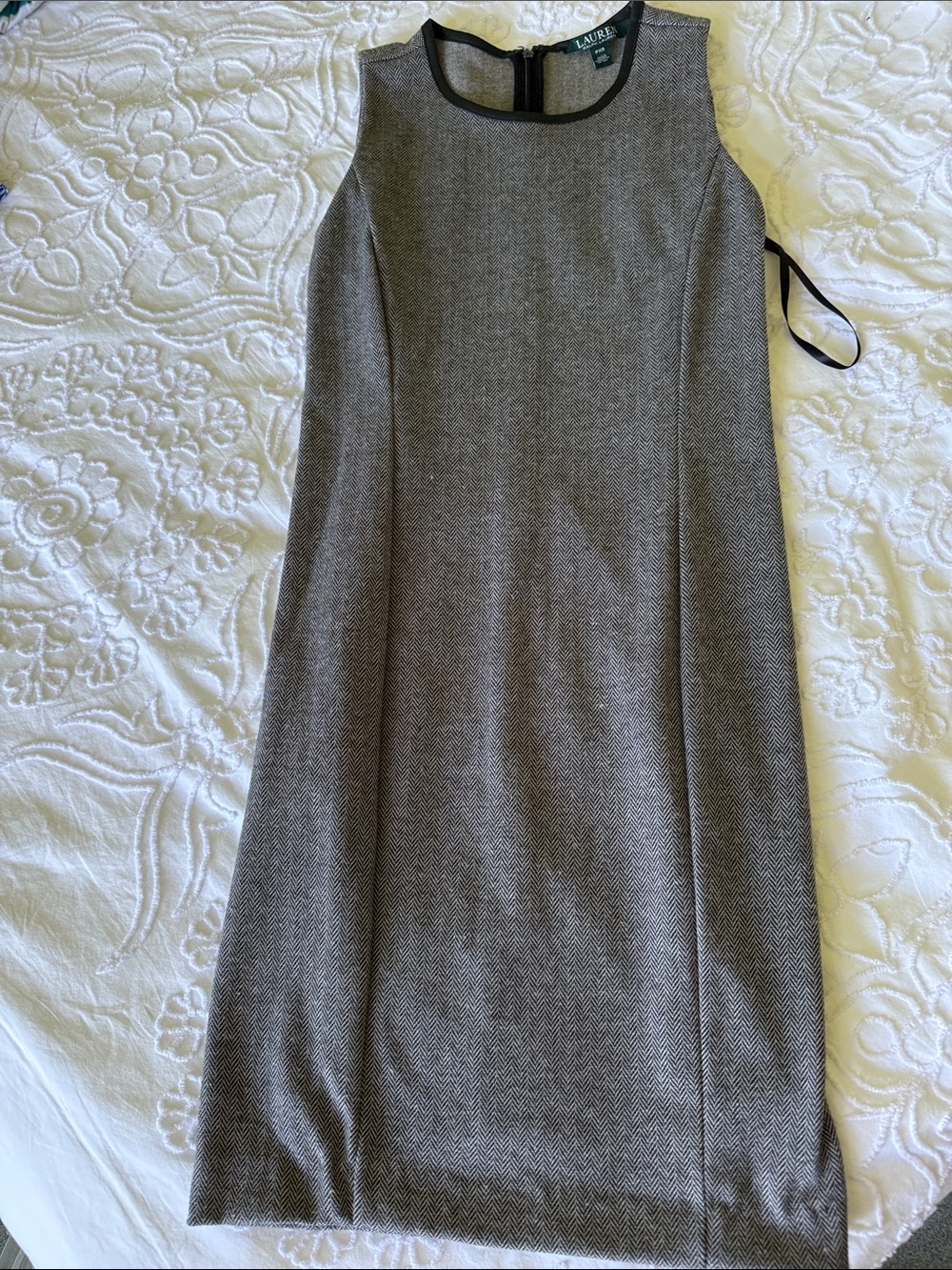 Lauren Ralph Lauren grey sleeveless shift dress with black leather trim